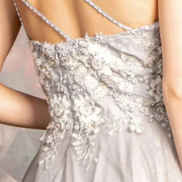 NEW LONG A-LINE SLEEVELESS MESH BEADED DRESS WITH ONE SHOULDER NECKLINE GL3384